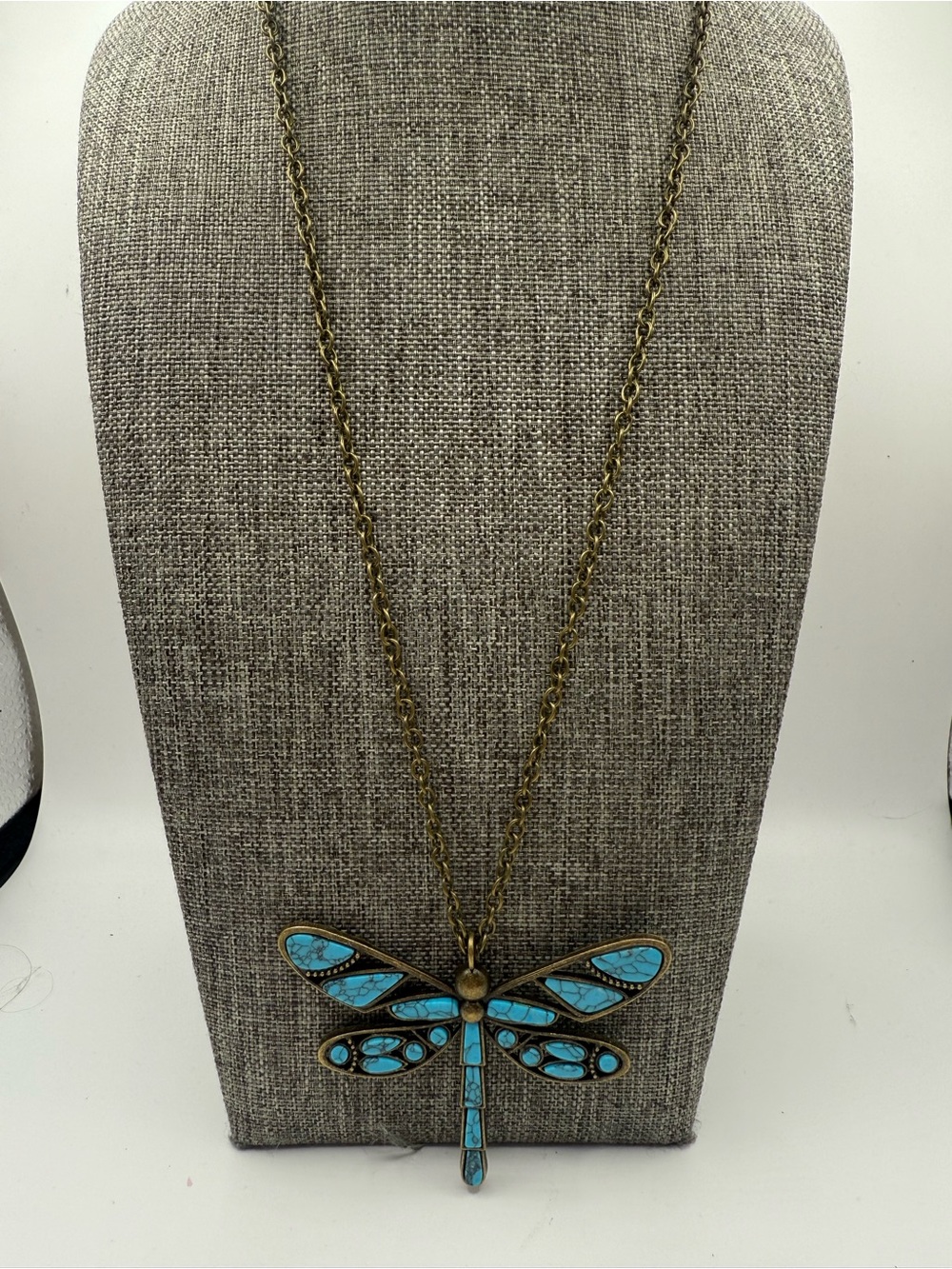 Turquoise Tone Dragonfly Pendant Necklace Mid length - retired